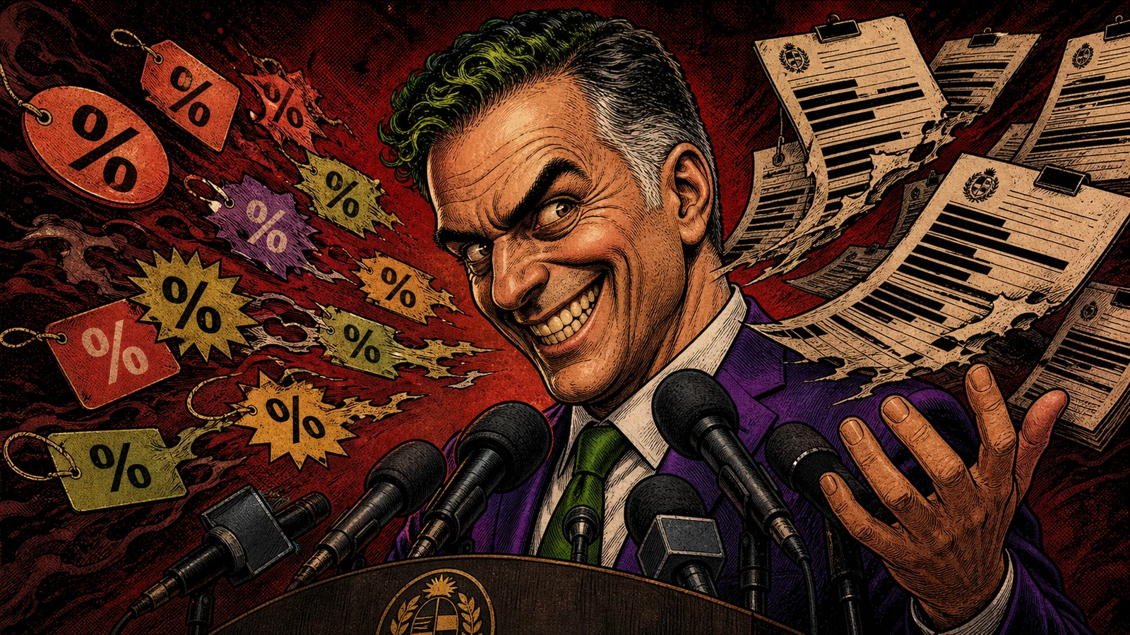 Viñeta de cómic oscuro con caricatura política sonriente ante micrófonos, documentos públicos y etiquetas de descuento flotando alrededor