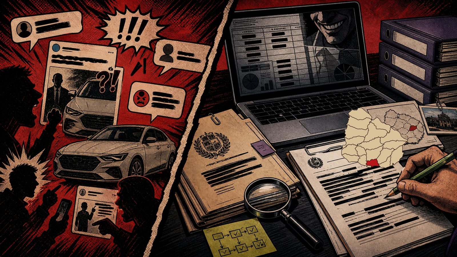 Viñeta de cómic oscuro dividida entre rumores de redes y una mesa de investigación con laptop, lupa, documentos redaccionados, lápiz y mapa de Uruguay con Canelones destacado