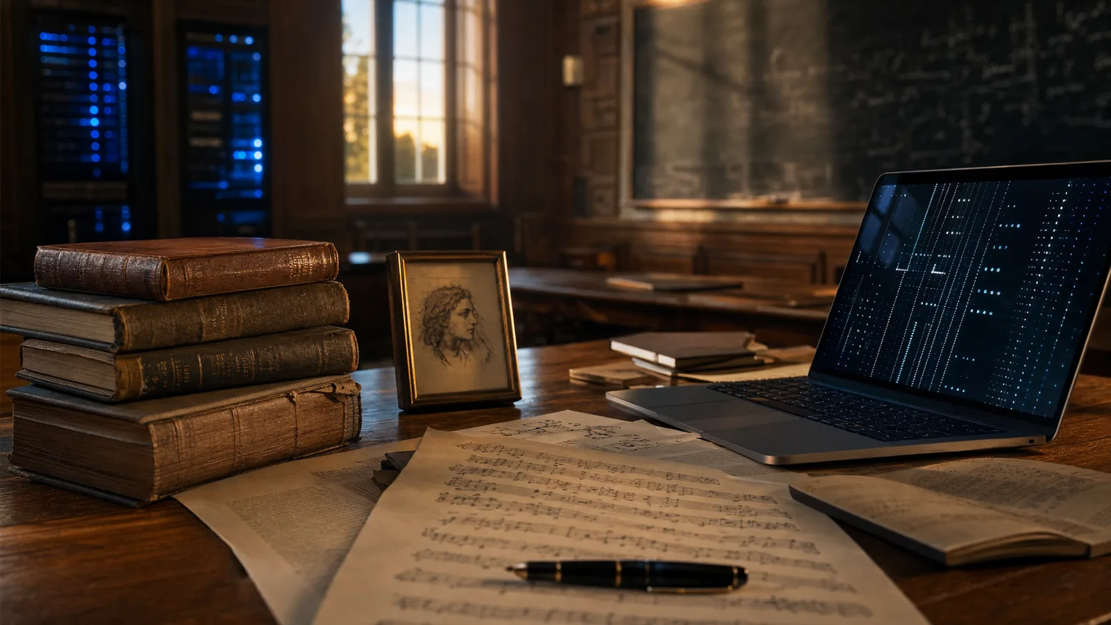 Libros, partitura y computadora sobre una mesa universitaria iluminada por una mezcla de luz cálida y resplandor digital