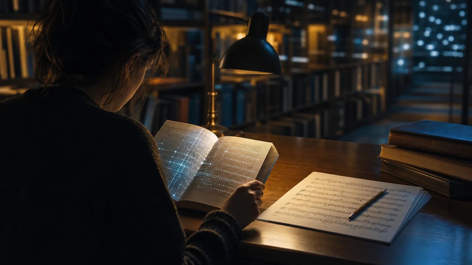 Persona leyendo en una biblioteca nocturna mientras una luz digital tenue se refleja sobre el libro abierto