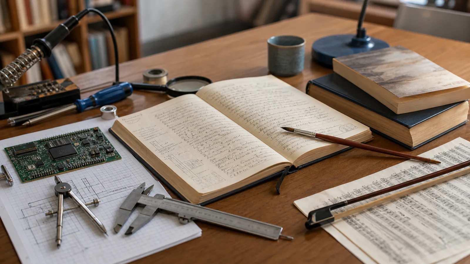Herramientas de ingeniería, circuito, libros, notas y partitura sobre una misma mesa de trabajo