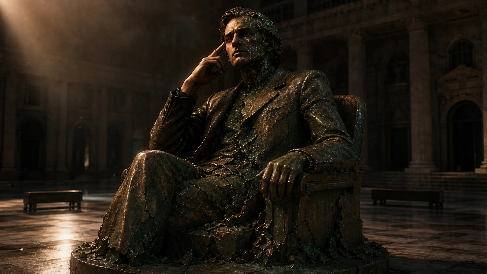 Figura solemne transformándose en estatua de bronce dentro de una plaza vacía