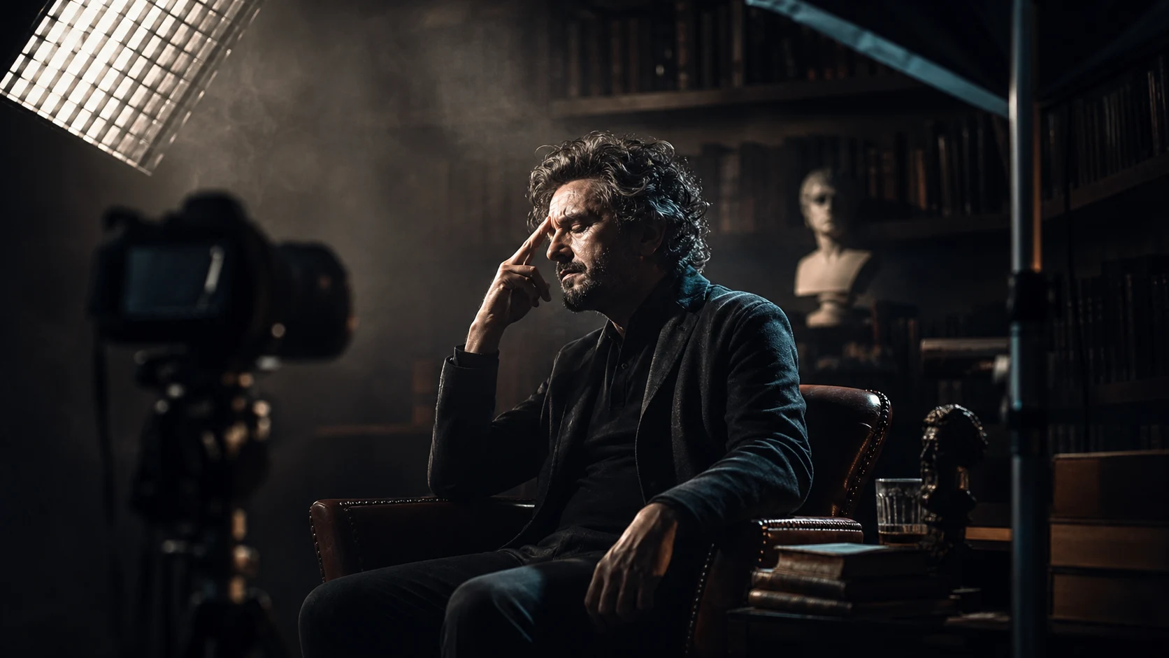 Retrato editorial de un pensador solemne en un estudio armado, con luces, cámara y biblioteca en penumbra