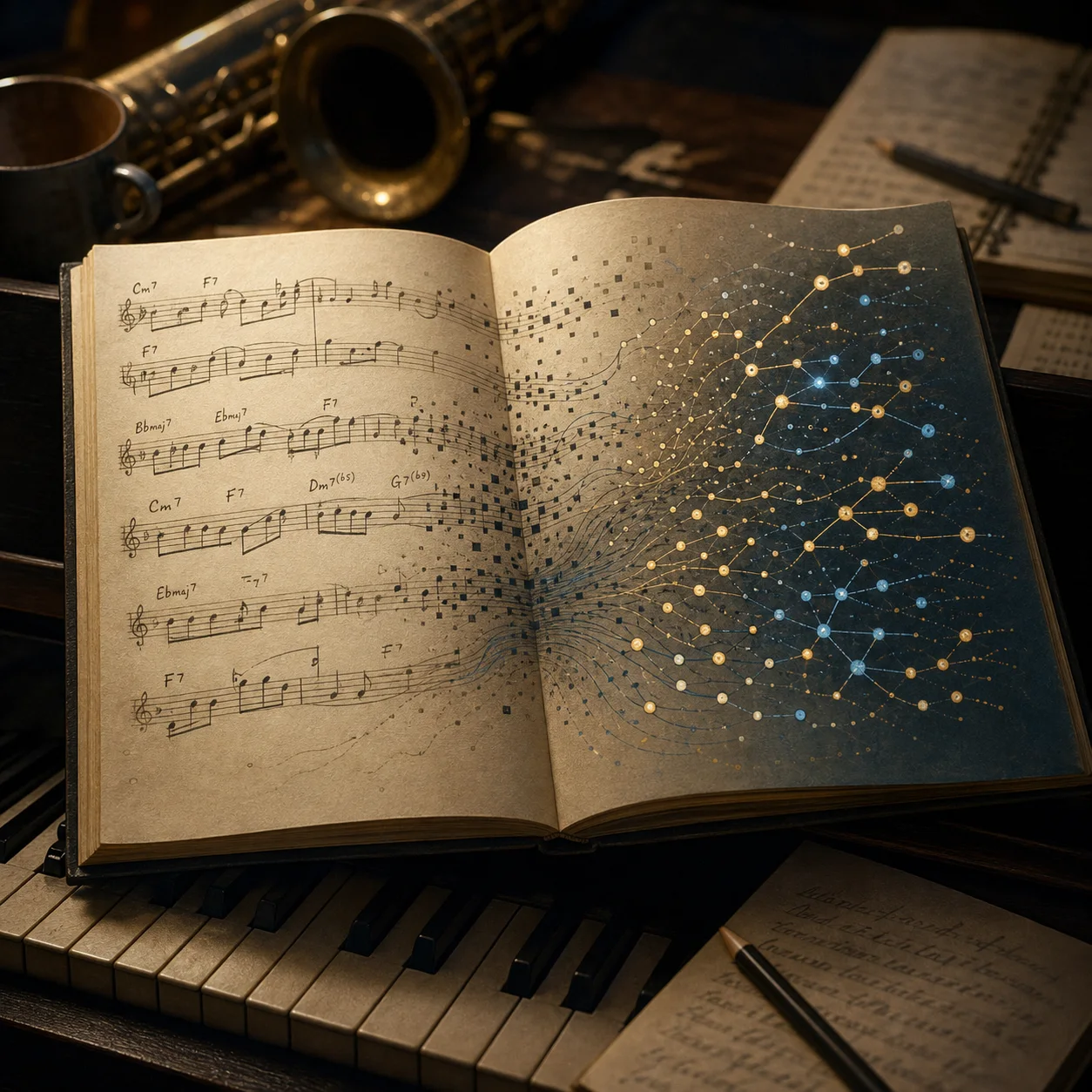 Partitura abierta sobre un piano donde las notas se transforman en nodos y conexiones digitales