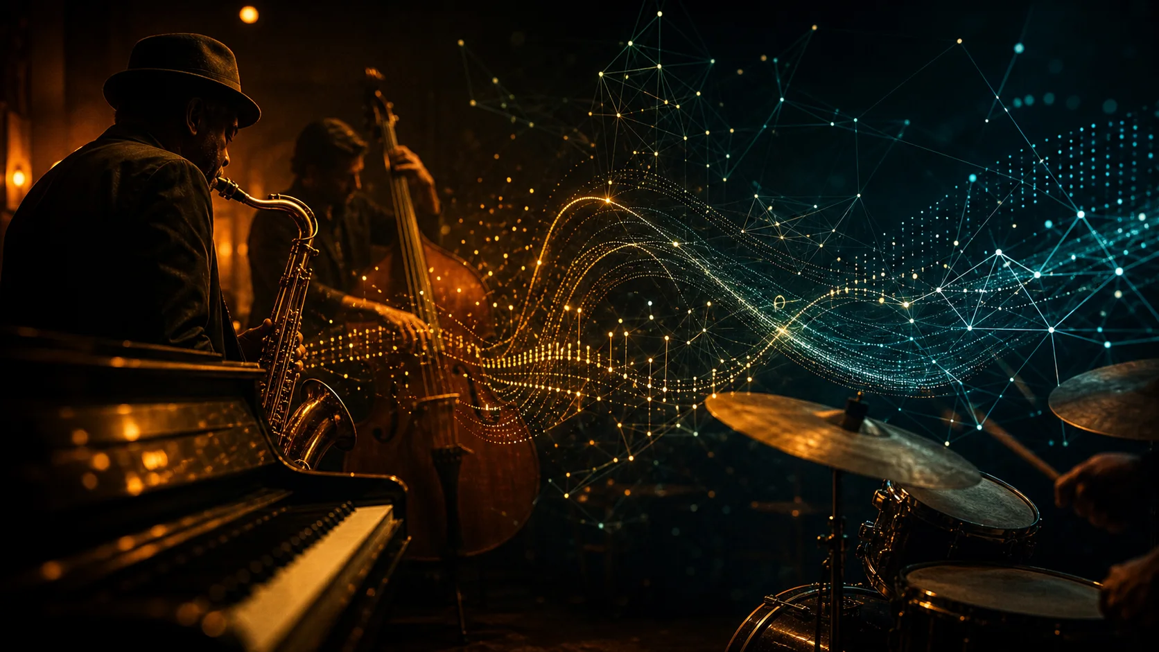 Músicos de jazz en un club nocturno mientras una red de datos luminosa atraviesa la escena