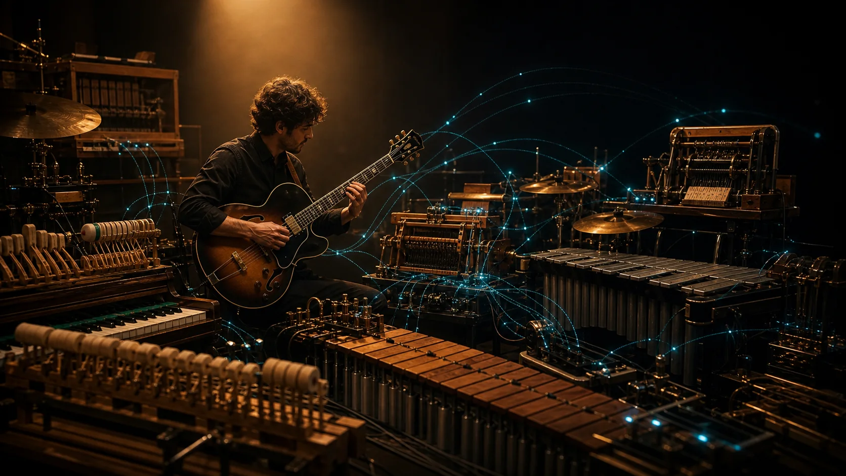 Guitarrista de jazz dirigiendo una mini-orquesta acústica automatizada con señales digitales entre instrumentos mecánicos
