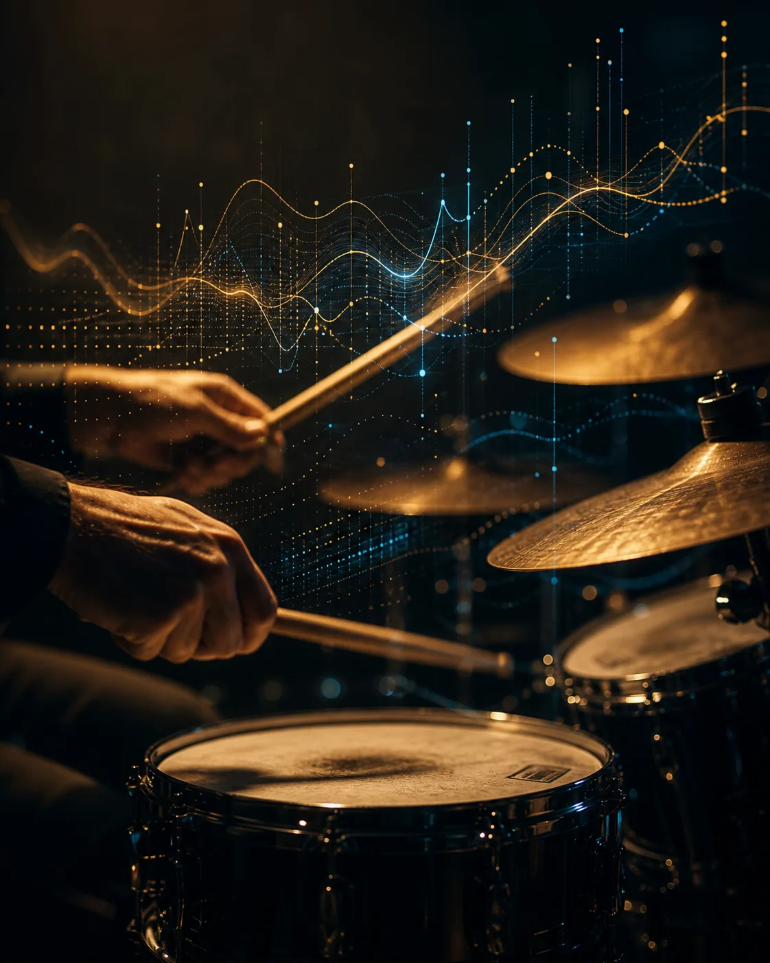 Manos de baterista tocando mientras ondas y puntos luminosos dibujan el pulso de la música