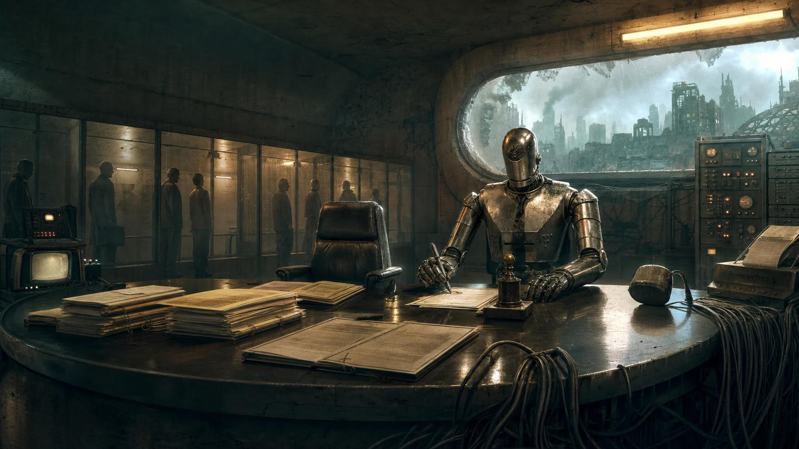 Escena retrofuturista distópica de un robot burócrata firmando contratos en un bunker corporativo con humanos detrás de un vidrio