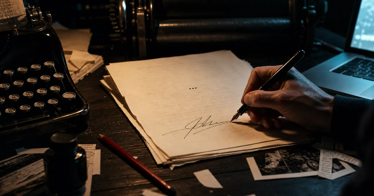 Mano humana firmando un manuscrito en una mesa de trabajo entre máquina de escribir, papeles y una computadora encendida