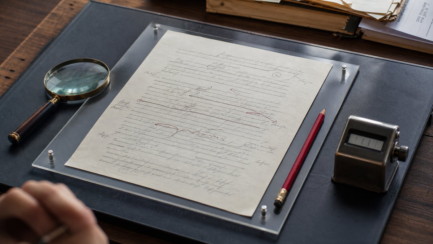 Manuscrito revisado bajo una placa transparente con lupa, lápiz rojo y medidor sin lectura clara