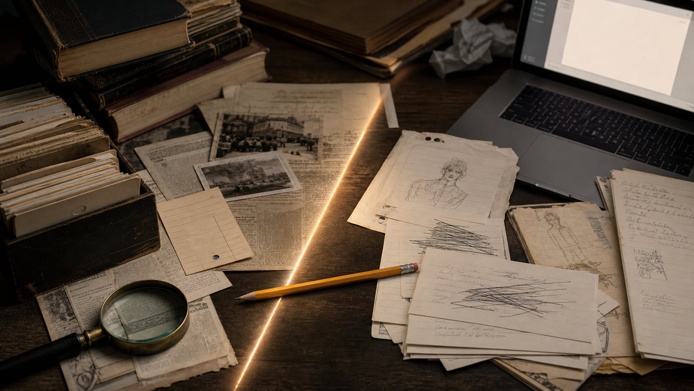 Mesa dividida entre archivo histórico y notas de personajes junto a una computadora encendida