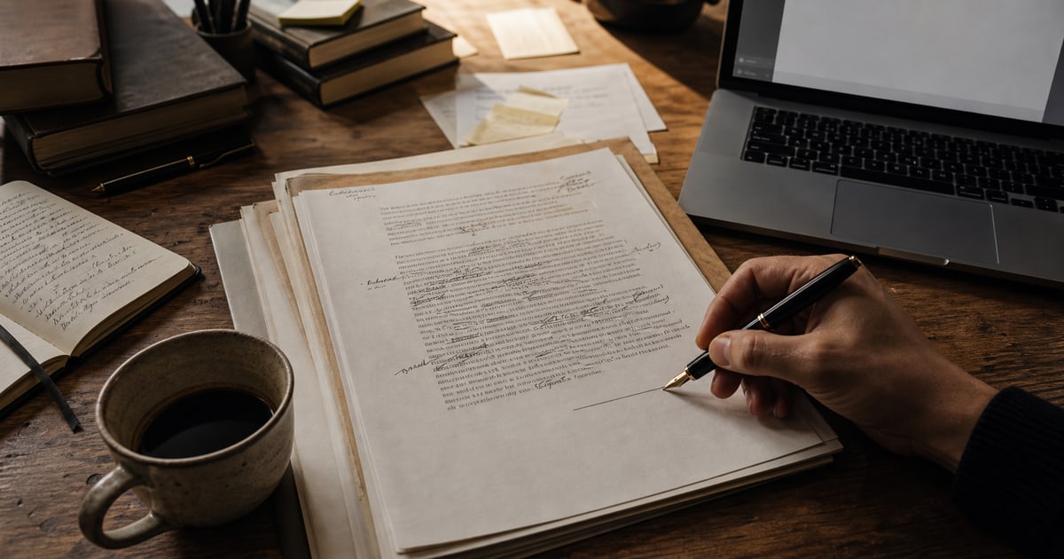 Manuscrito corregido sobre una mesa de escritura, con una mano humana a punto de firmar y una computadora al costado