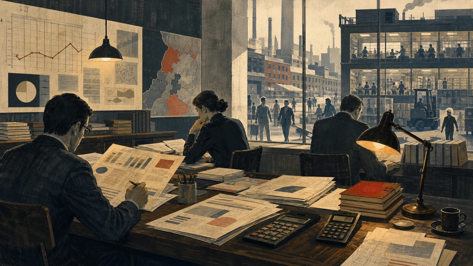 Ilustración editorial de una sala de estadísticas laborales con economistas, gráficos abstractos y trabajadores visibles detrás de los ventanales