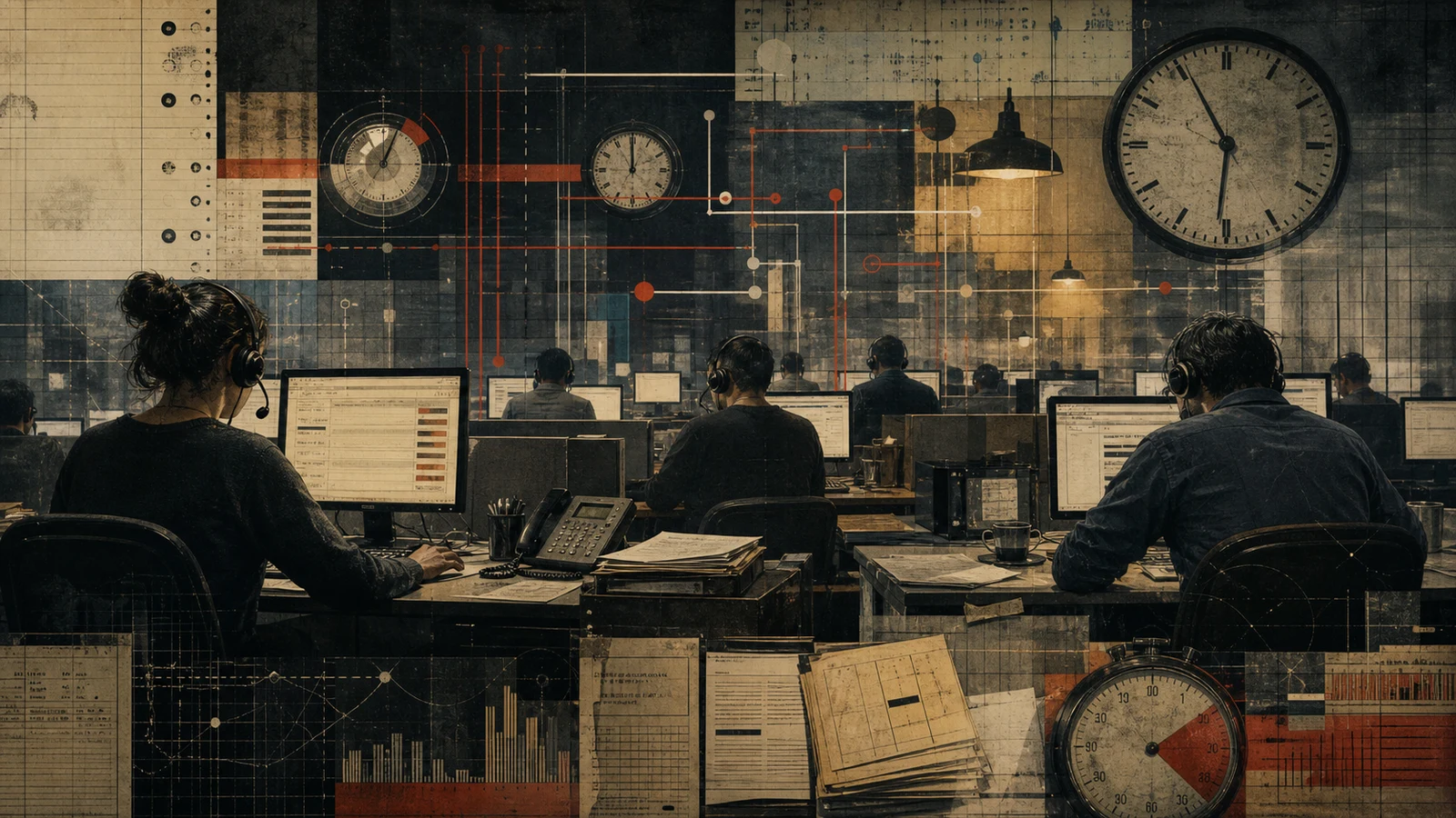 Ilustración editorial de una sala de operaciones laborales con trabajadores en sus puestos, relojes, métricas abstractas y presión invisible de sistemas automatizados