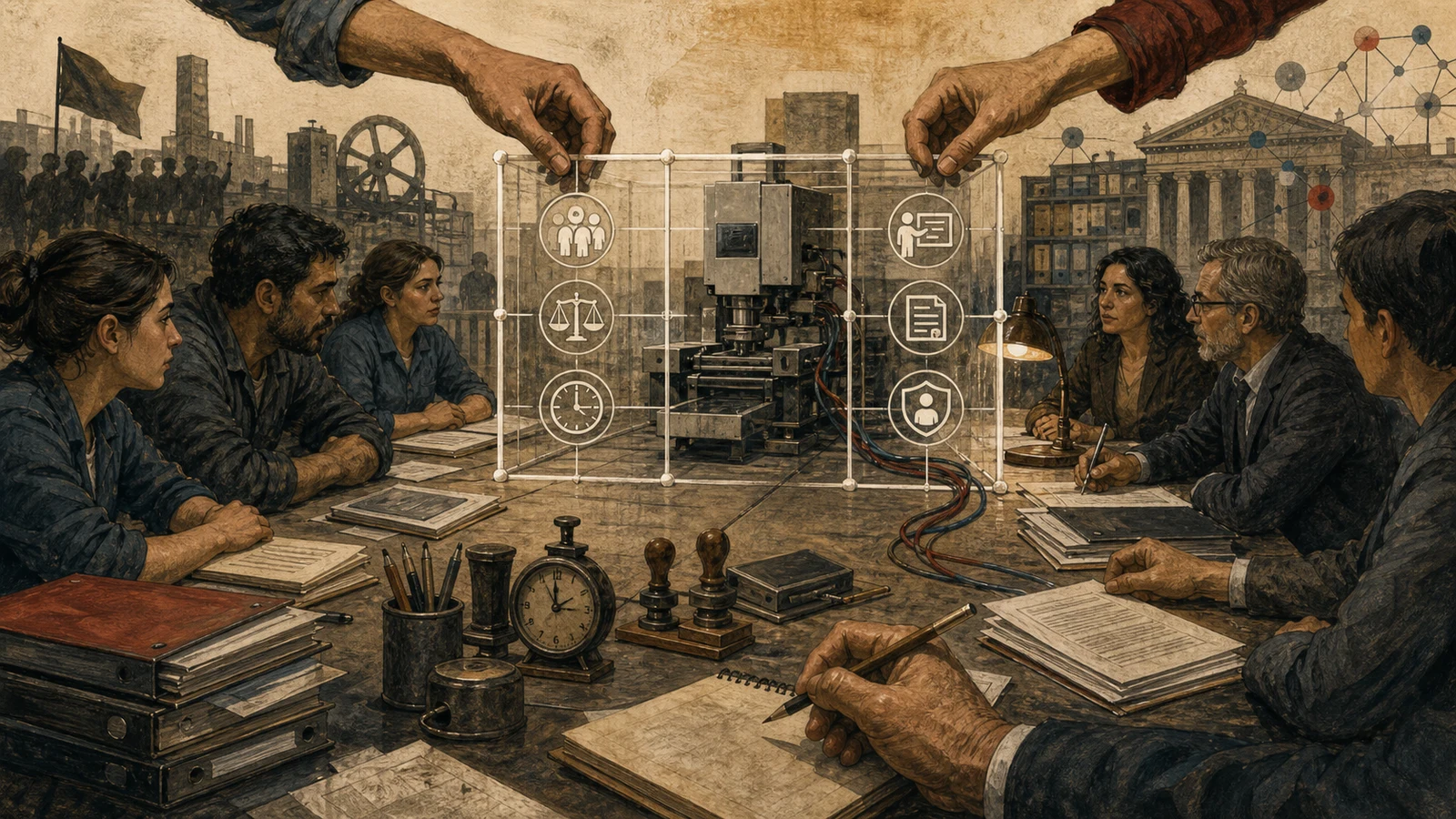 Ilustración editorial de una mesa de negociación donde manos humanas colocan una estructura transparente de reglas entre trabajadores y un sistema automatizado