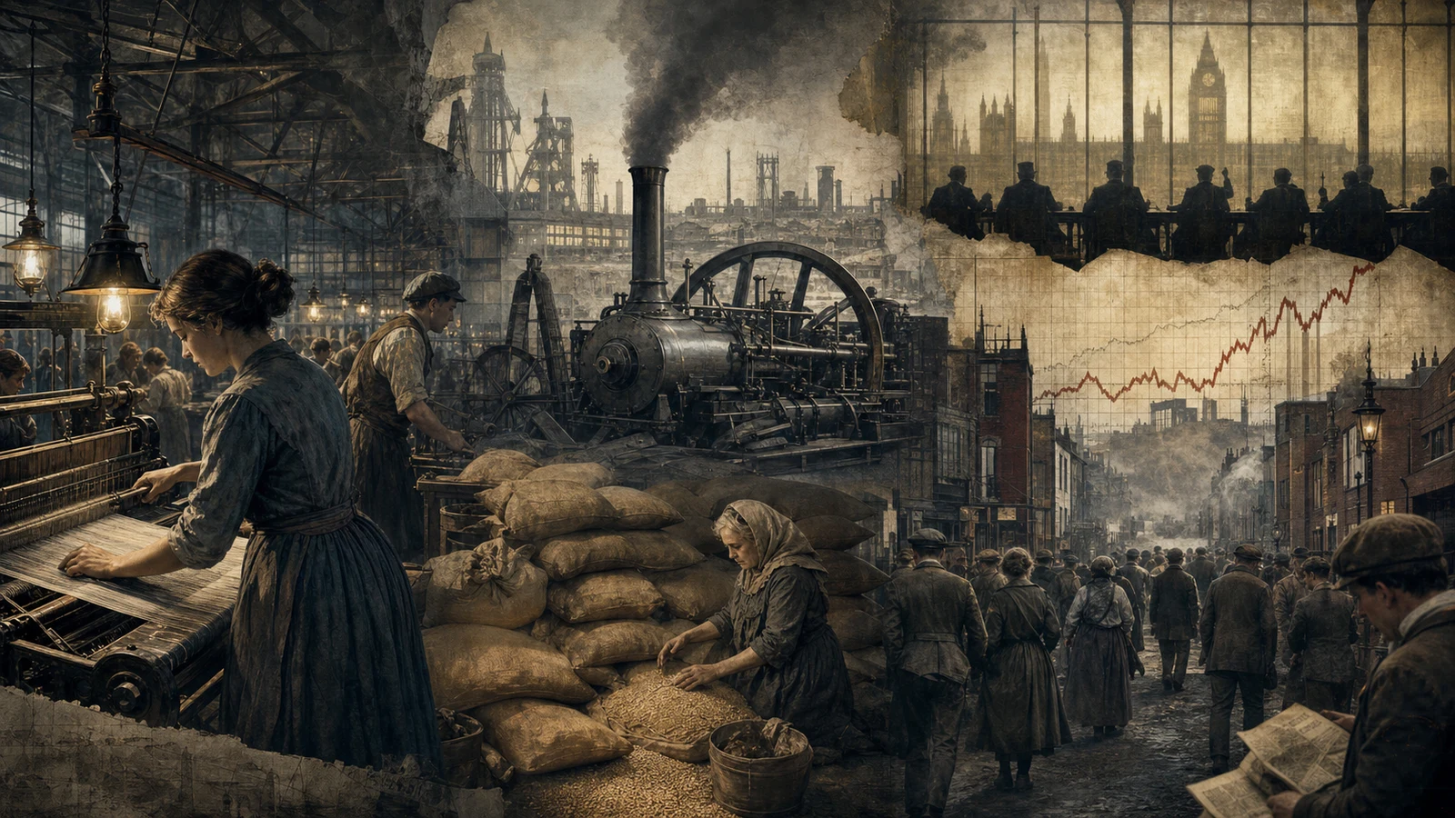 Ilustración editorial de una ciudad industrial del siglo XIX con máquinas, trabajadores, sacos de grano y sombras políticas detrás de los ventanales