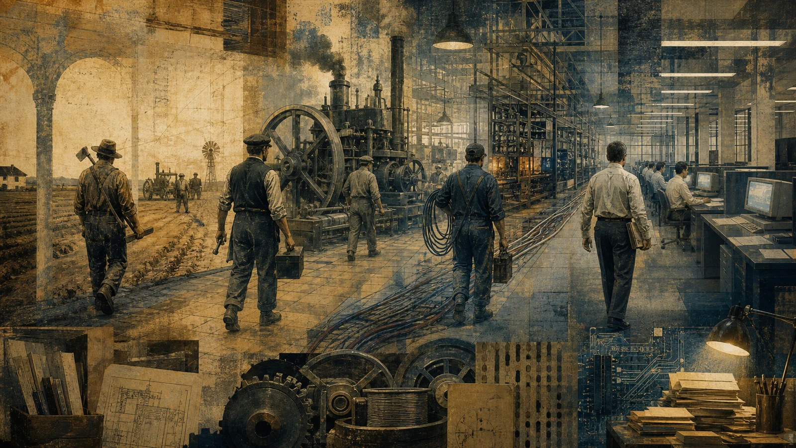 Ilustración editorial de un corredor histórico donde campo, vapor, electricidad y computadoras aparecen como capas lentas de una misma transformación laboral