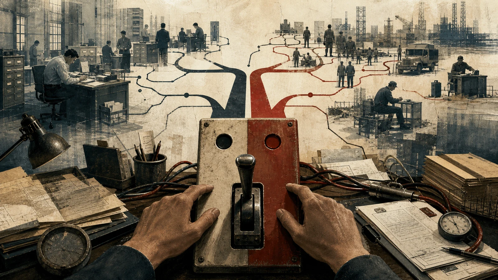 Ilustración editorial de manos ante una palanca binaria mientras detrás se abren múltiples caminos de trabajo, oficinas y fábricas