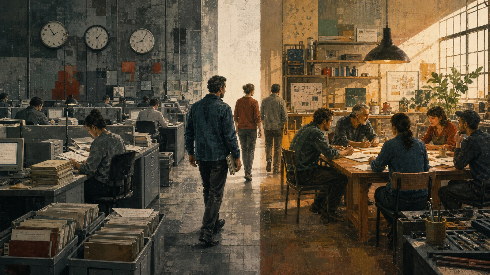 Ilustración editorial de un espacio laboral dividido entre tareas repetitivas y una mesa de trabajo más abierta donde personas deliberan y aprenden
