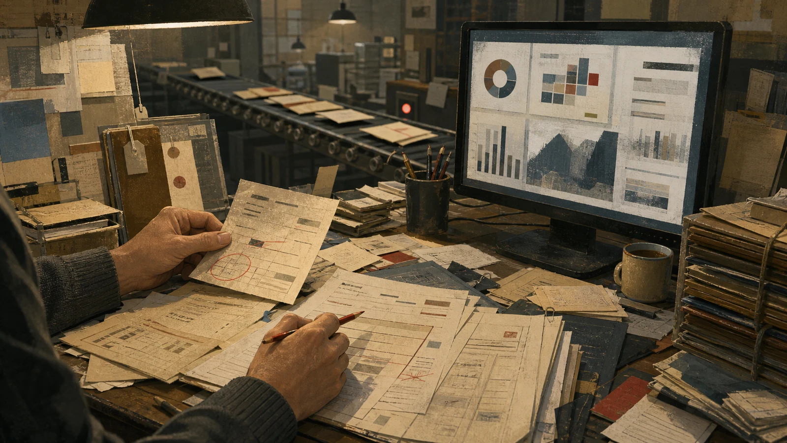 Ilustración editorial de manos revisando papeles y excepciones sobre una mesa llena de archivos, junto a un monitor con gráficos abstractos que no capturan el trabajo real