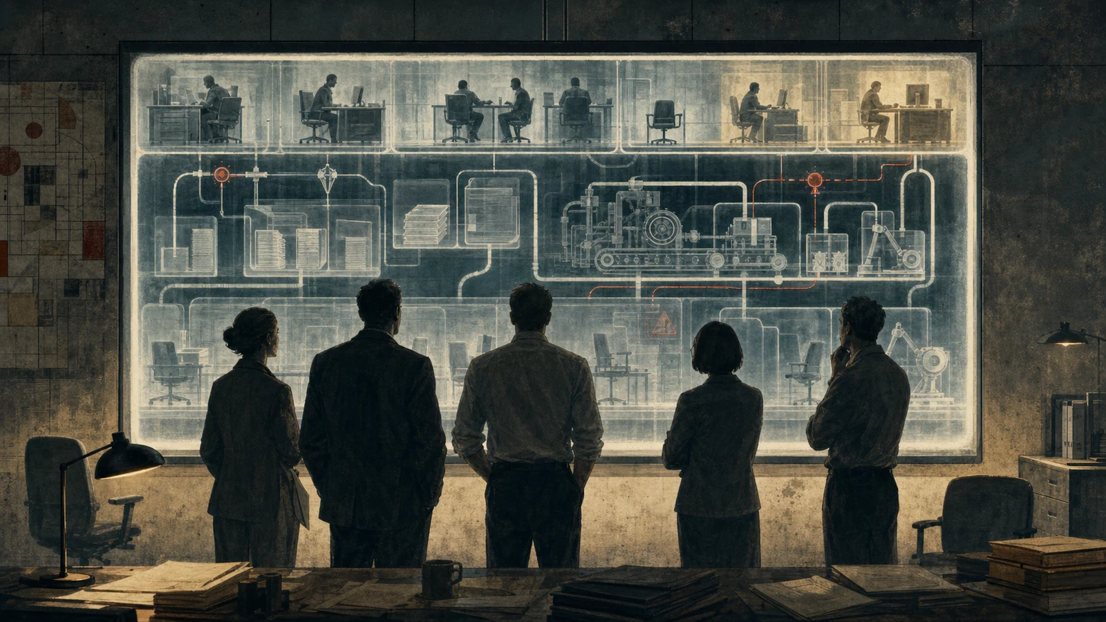 Ilustración editorial de personas observando una radiografía gigante de una oficina-fábrica donde se ven tareas, escritorios y circuitos reorganizados