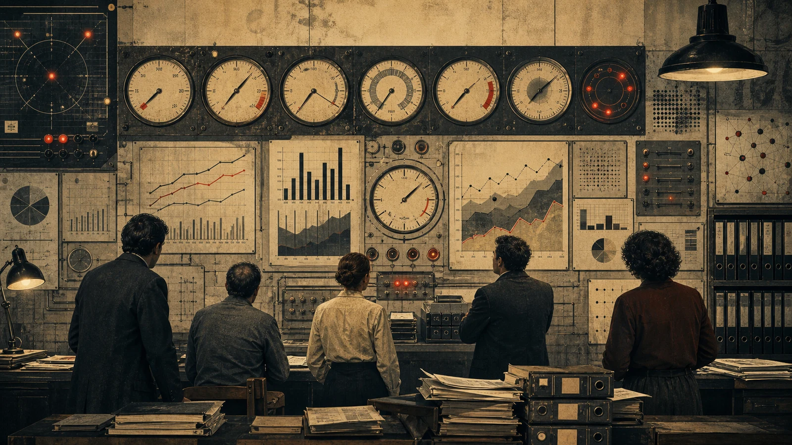 Ilustración editorial de personas observando un panel de instrumentos, relojes y gráficos abstractos para diagnosticar cambios en trabajo, salarios y productividad