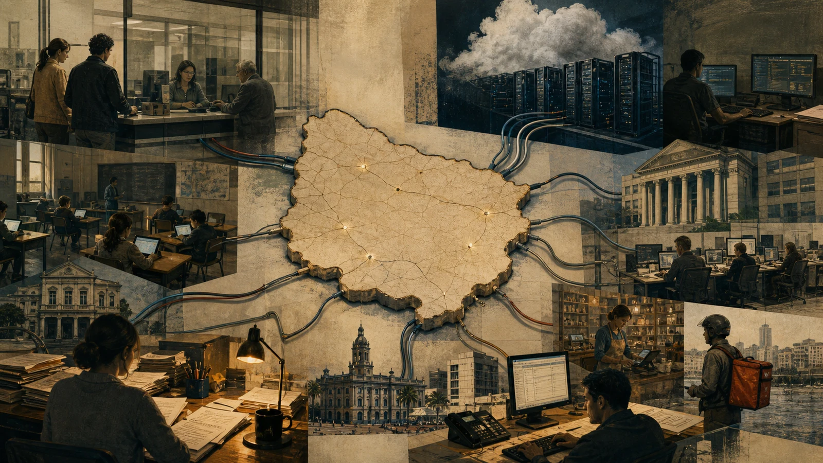 Ilustración editorial de un mapa de Uruguay sobre una mesa institucional conectado por cables a oficinas públicas, escuelas, bancos, comercios y servidores
