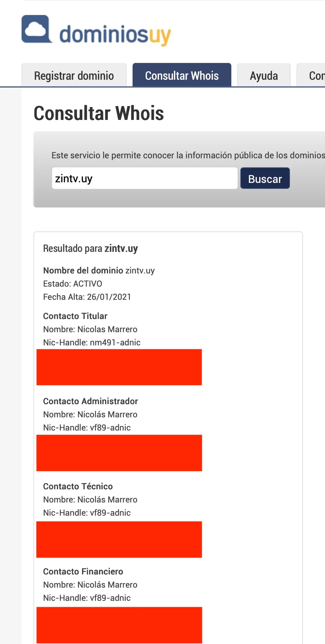 Captura redaccionada del resultado WHOIS de dominios.uy para zintv.uy, con datos de contacto cubiertos