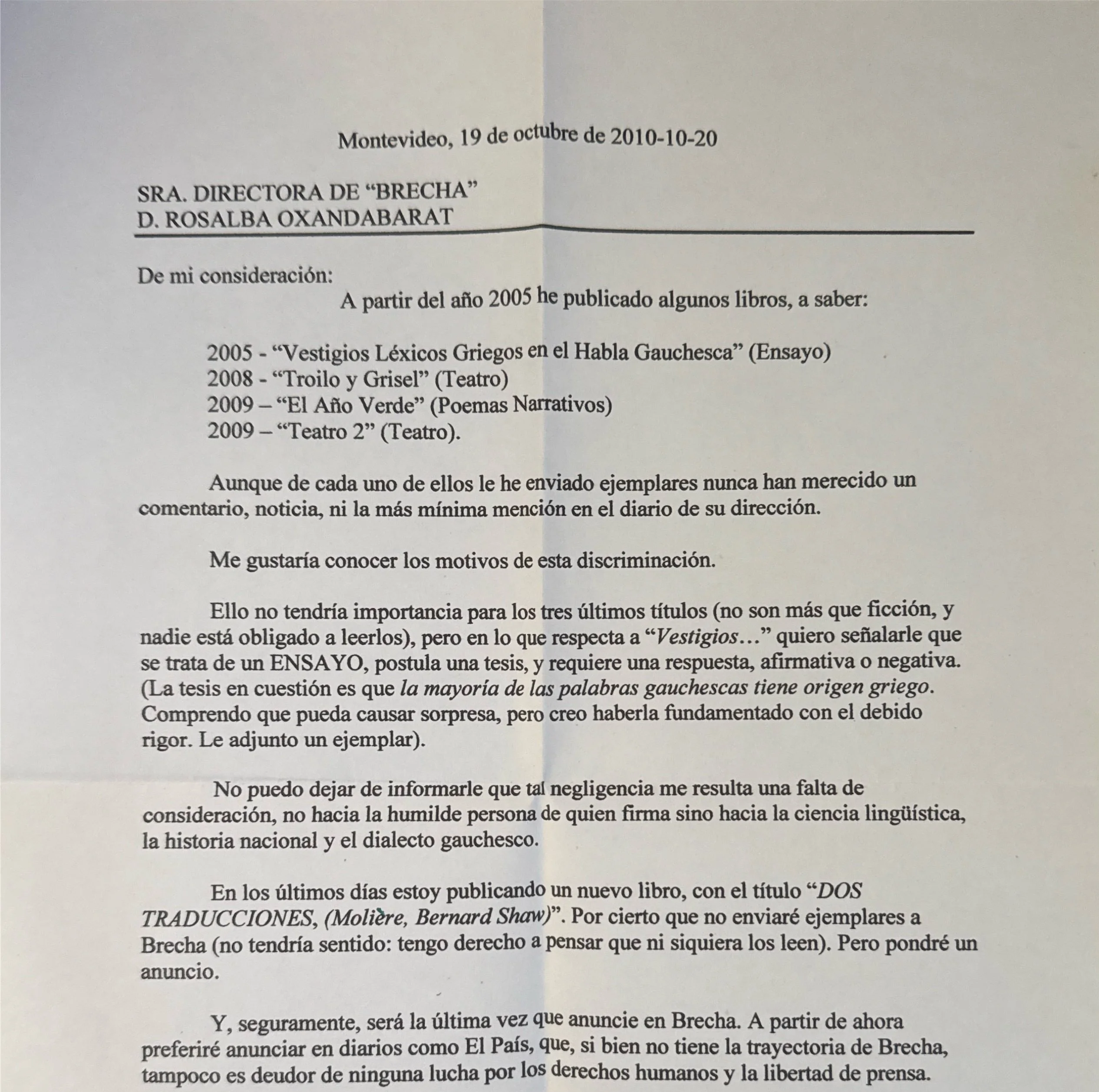Recorte de la carta de Roberto Larrea a Brecha sobre Vestigios léxicos griegos en el habla gauchesca