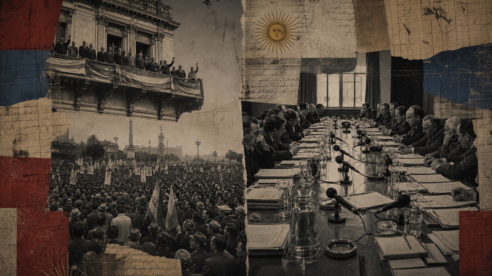 Collage de archivo con plaza multitudinaria, balcón institucional y mesa política larga