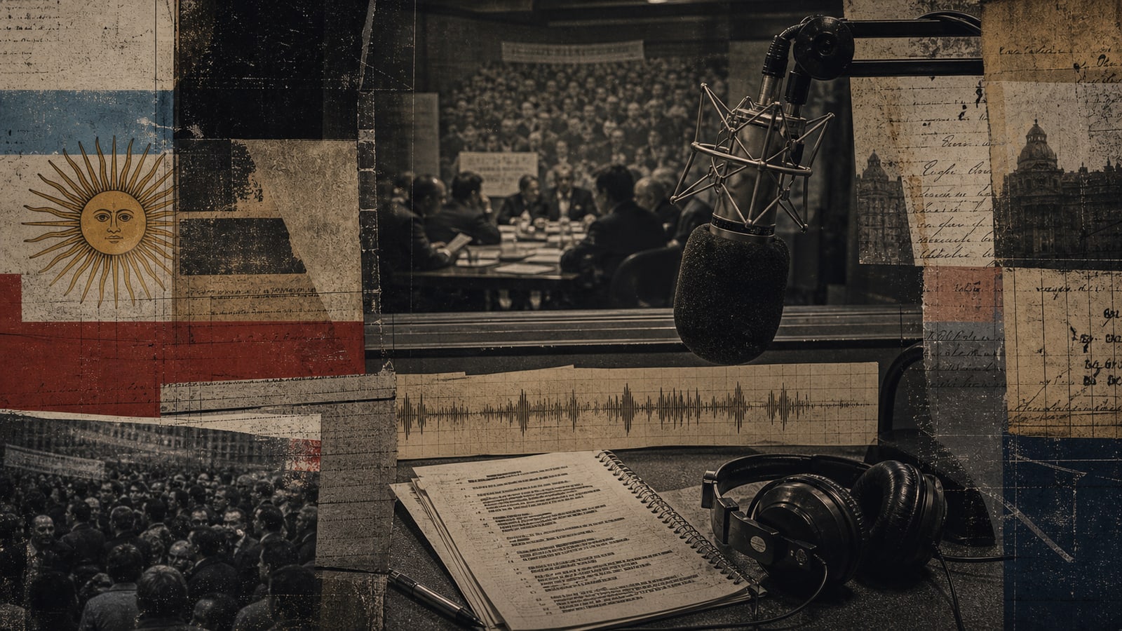 Radio de archivo con micrófono, auriculares, transcripción impresa y multitud reflejada