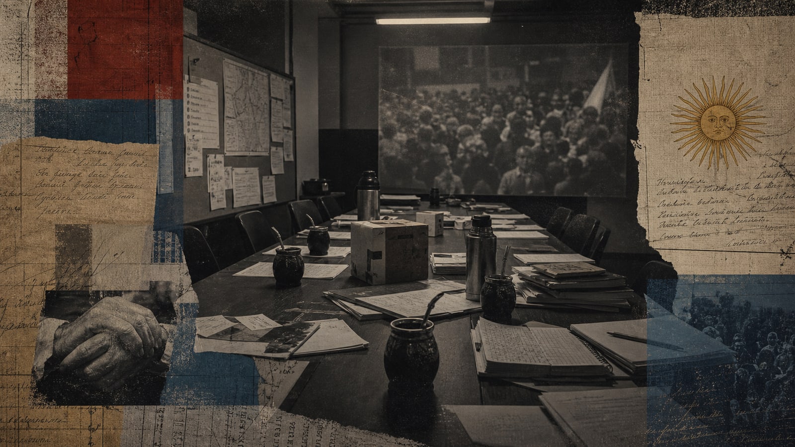 Sala de comité con mesa oscura, termos, carpetas y una multitud proyectada al fondo