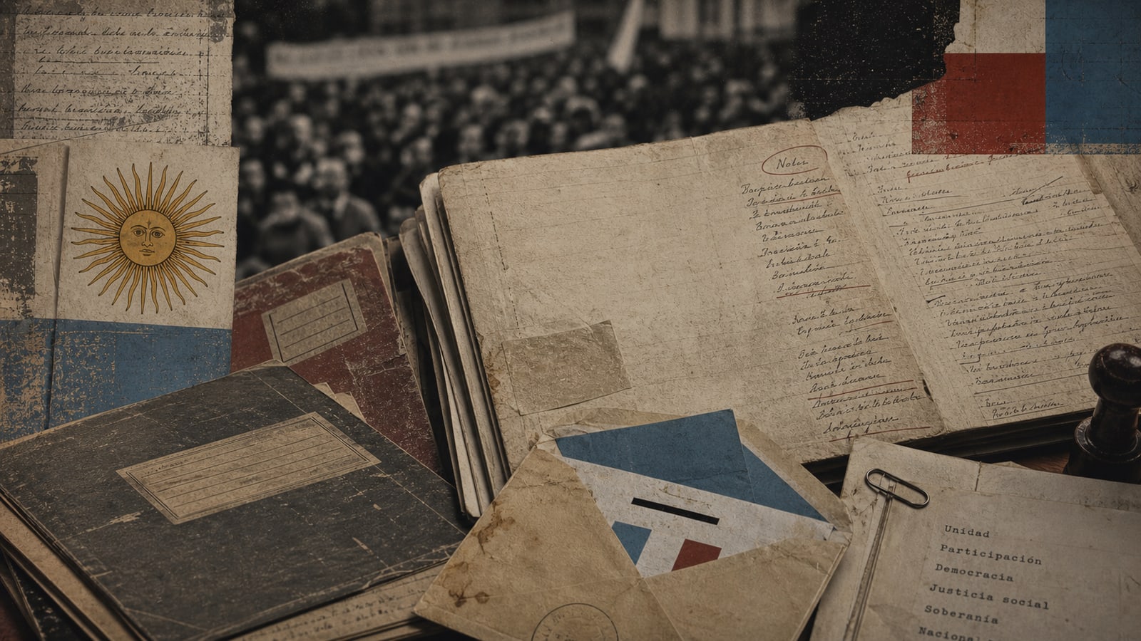 Mesa de archivo con documentos programáticos, cuadernos, carpetas y papeles envejecidos