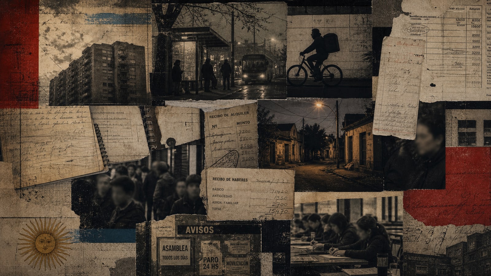 Collage de edificios, calle nocturna, bicicleta de reparto, recibos, avisos y rostros anónimos