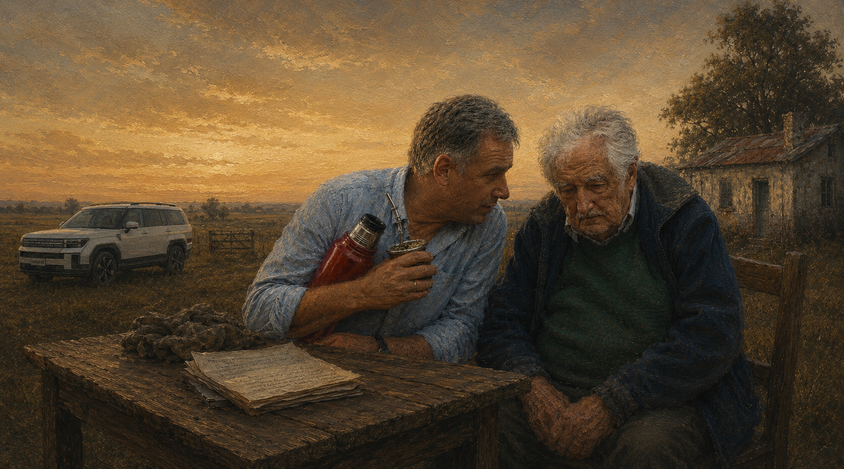 Orsi conversa con un Mujica austero en la chacra, con mate, papeles sobre una mesa de madera y una camioneta estacionada al fondo