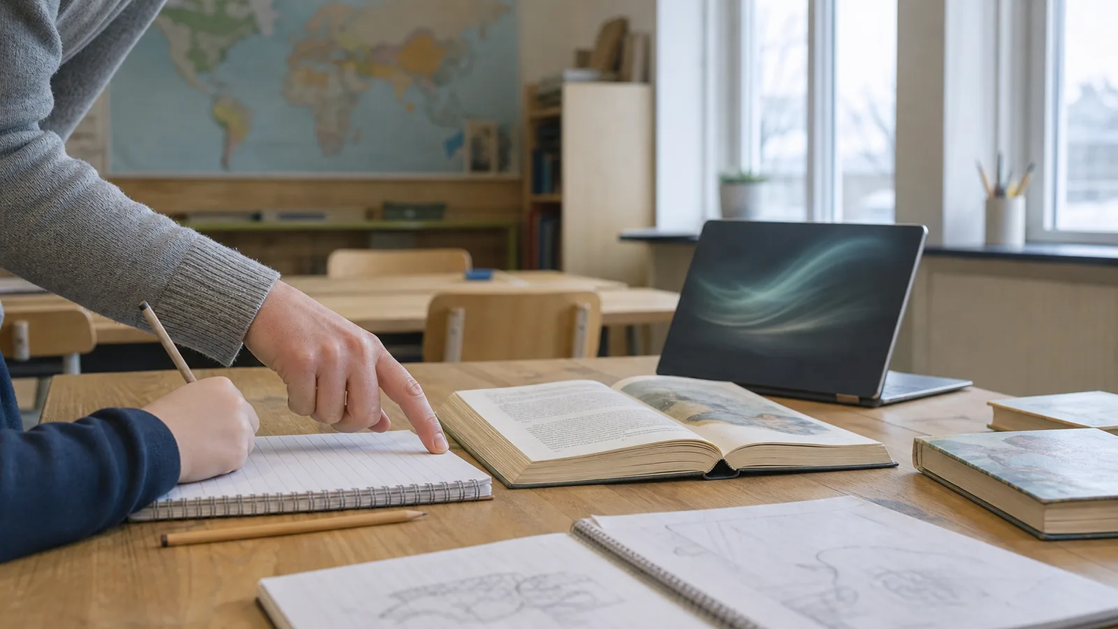 Docente guía el trabajo de un estudiante sobre un cuaderno mientras una laptop con una interfaz abstracta queda al costado