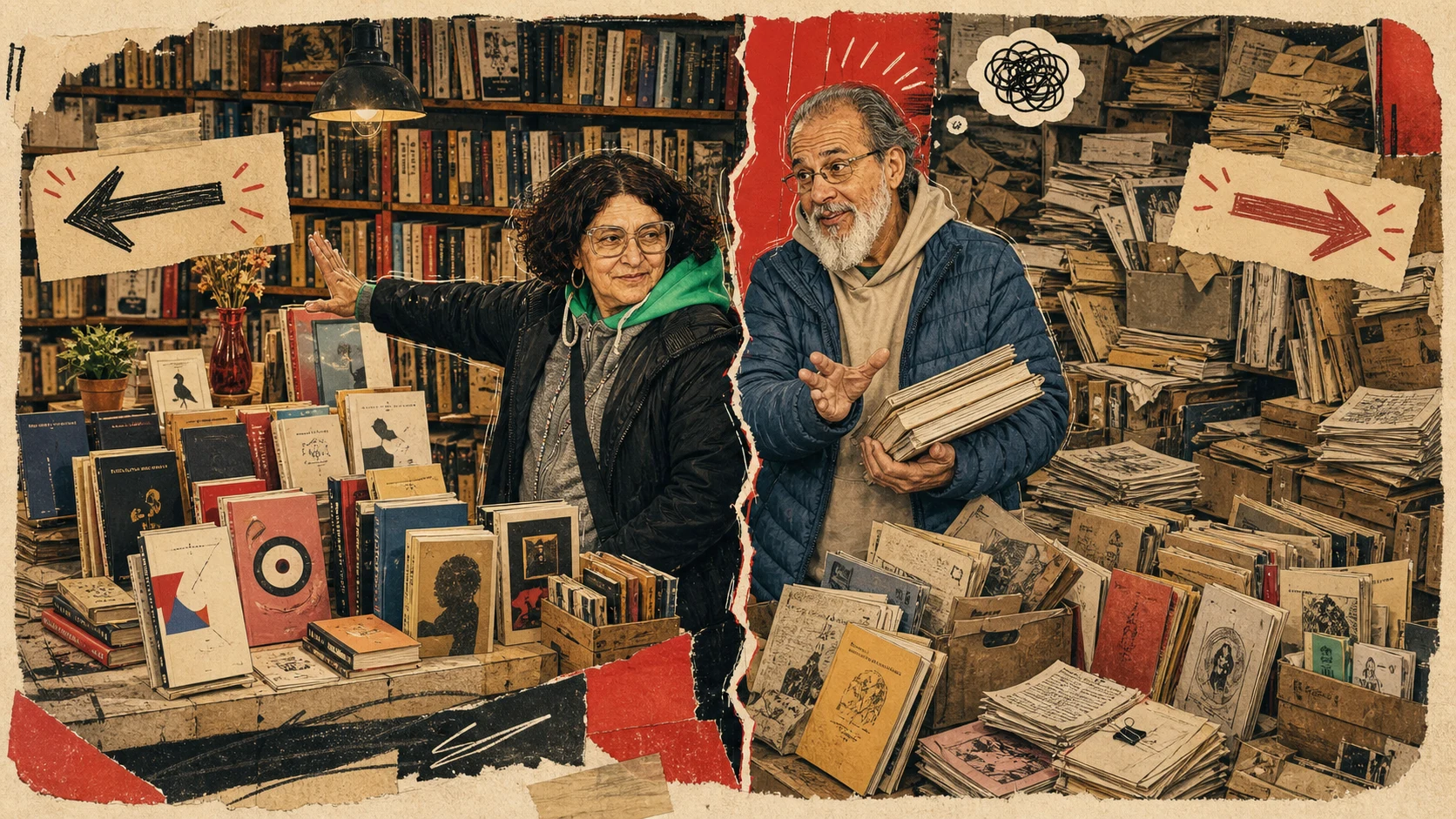 Ilustración editorial de Ale y Fer separando una mesa curada de libros de autores independientes de una pared desbordada de papeles y ejemplares