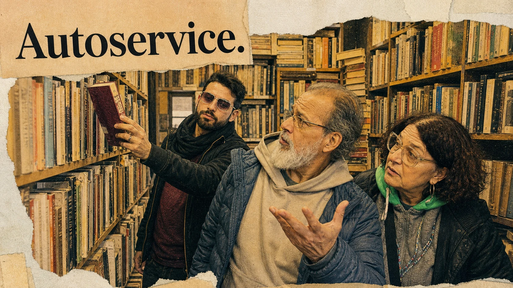 Ilustración humorística de Martín encontrando un libro en una estantería y diciendo autoservice