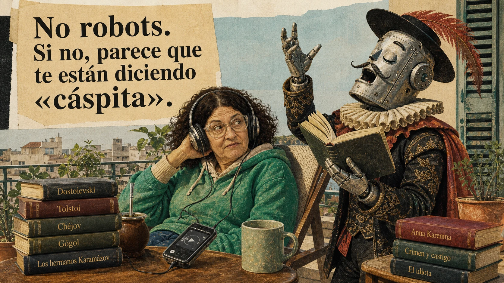 Ilustración humorística de Ale escuchando un audiolibro leído por un robot que dice cáspita