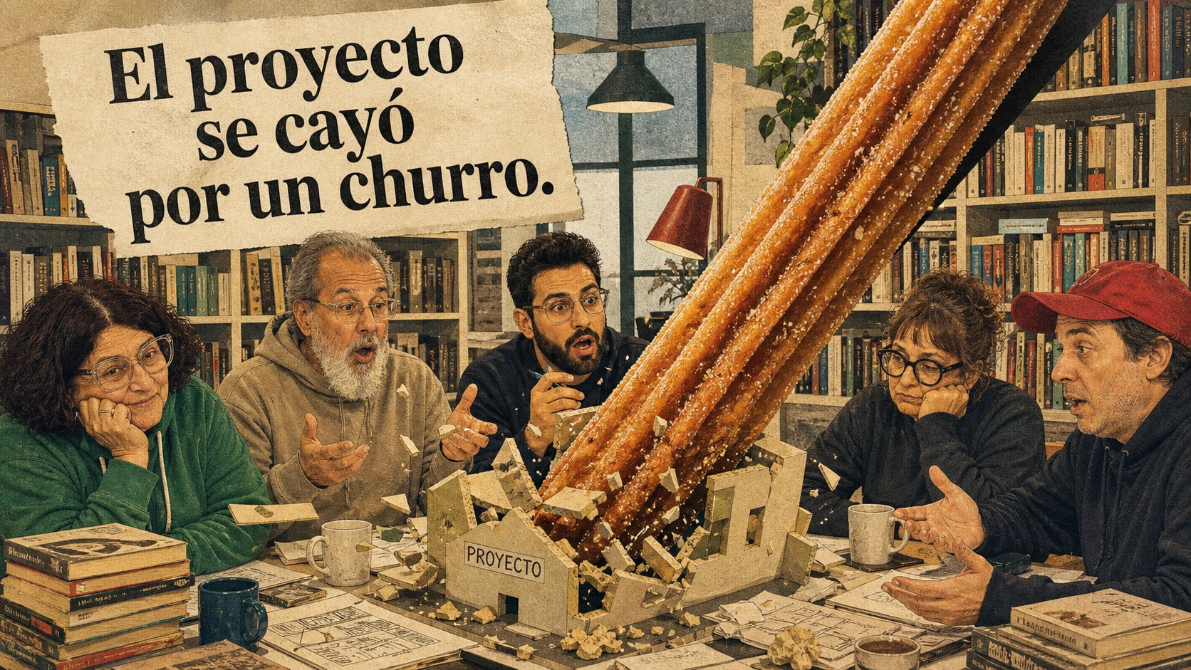 Ilustración humorística de una reunión librera arruinada por un churro gigante