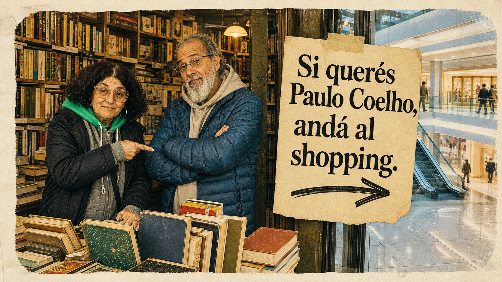 Ilustración humorística de Ale y Fer en la librería con un cartel que manda a Paulo Coelho al shopping