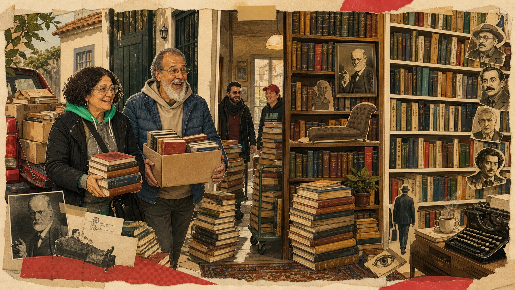 Ilustración editorial de Ale y Fer llegando a una casa con cajas de libros y dos bibliotecas paralelas de psicoanálisis, filosofía y literatura