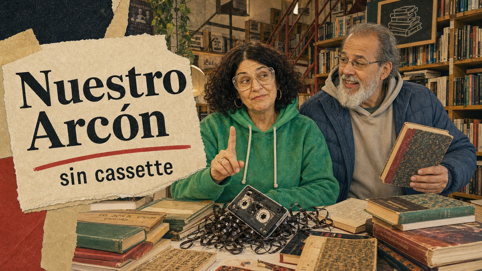 Ilustración editorial de Ale y Fer en la librería con un cassette viejo roto sobre la mesa