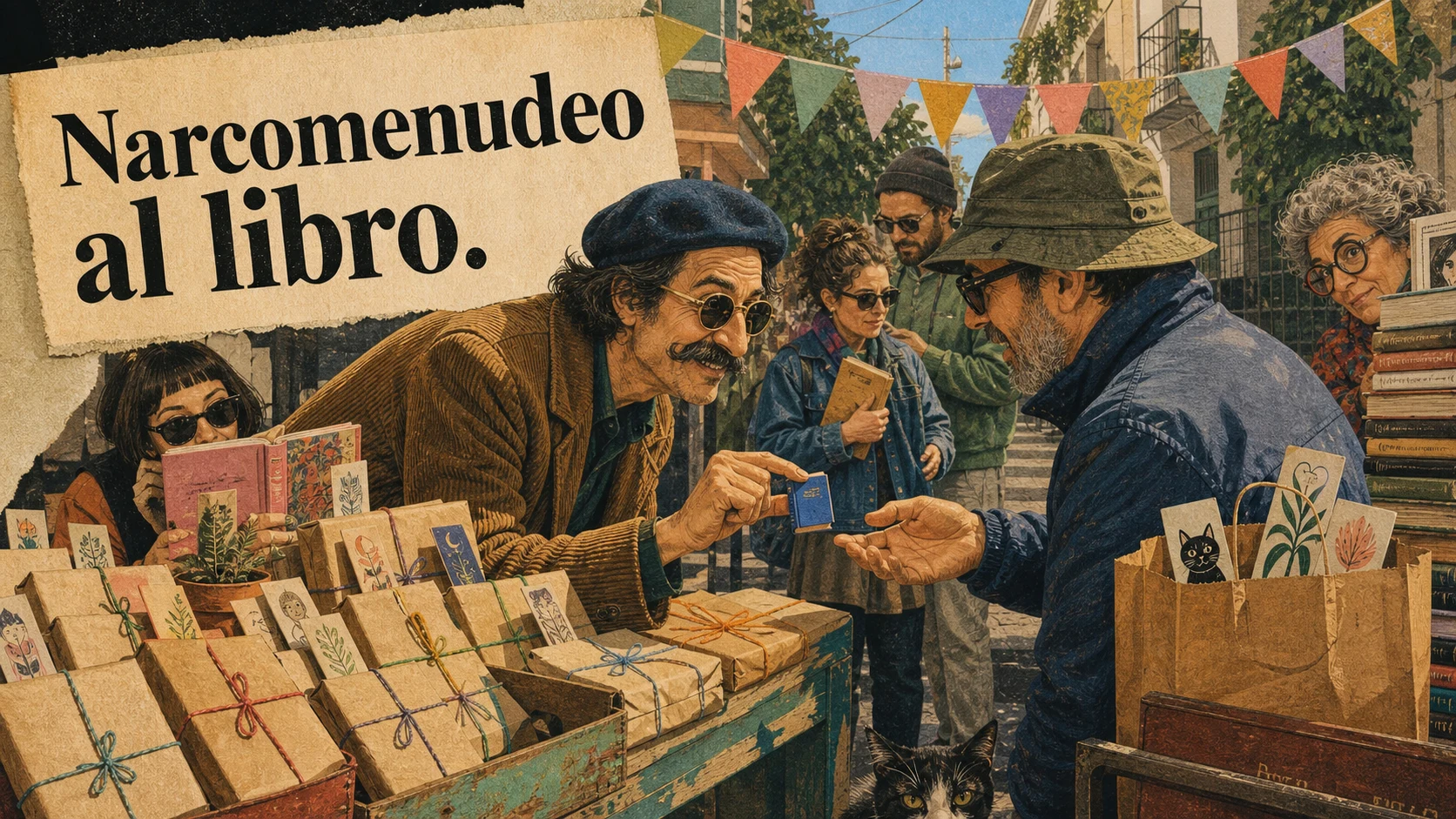 Ilustración humorística de una feria secreta de libros usada para la frase narcomenudeo al libro