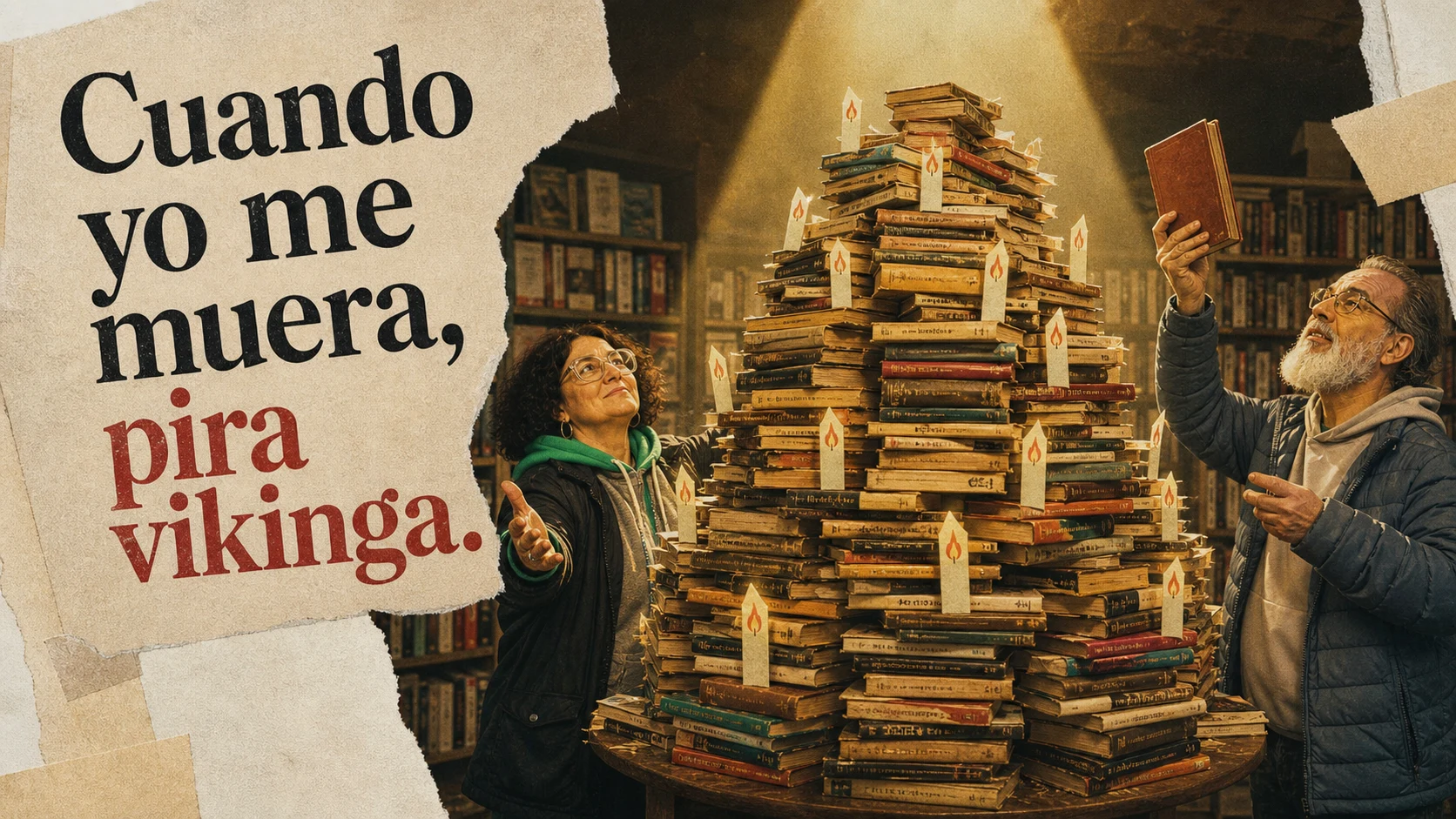 Ilustración humorística de una pira vikinga hecha con libros usados