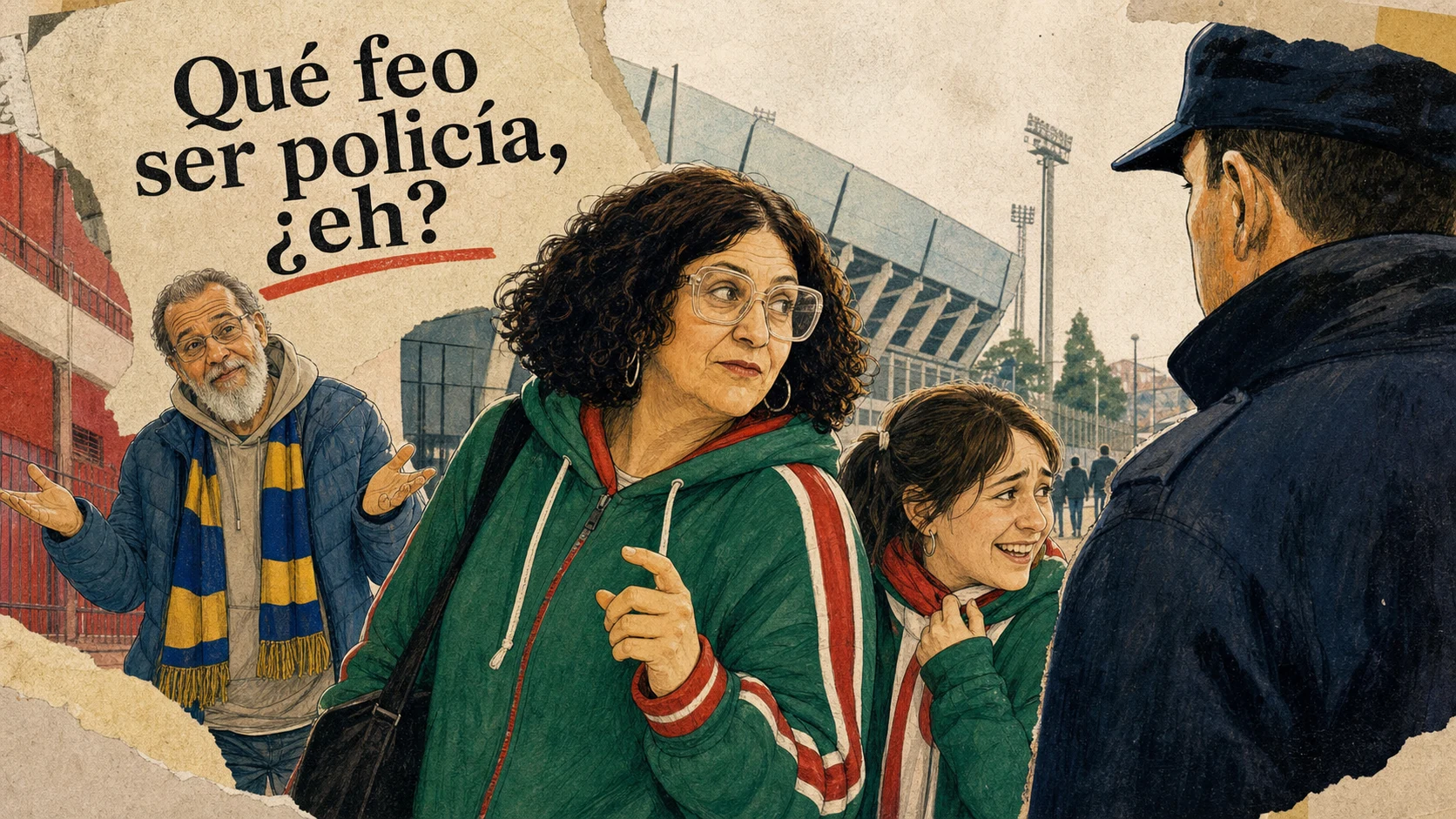 Ilustración humorística de Ale de River, Fer de Boca y la frase qué feo ser policía