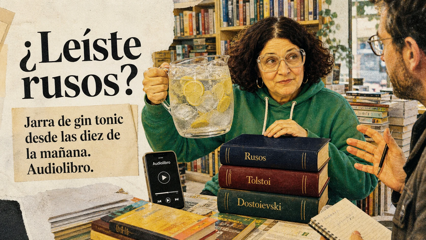 Ilustración humorística de Ale con una jarra de gin tonic, libros rusos y un audiolibro
