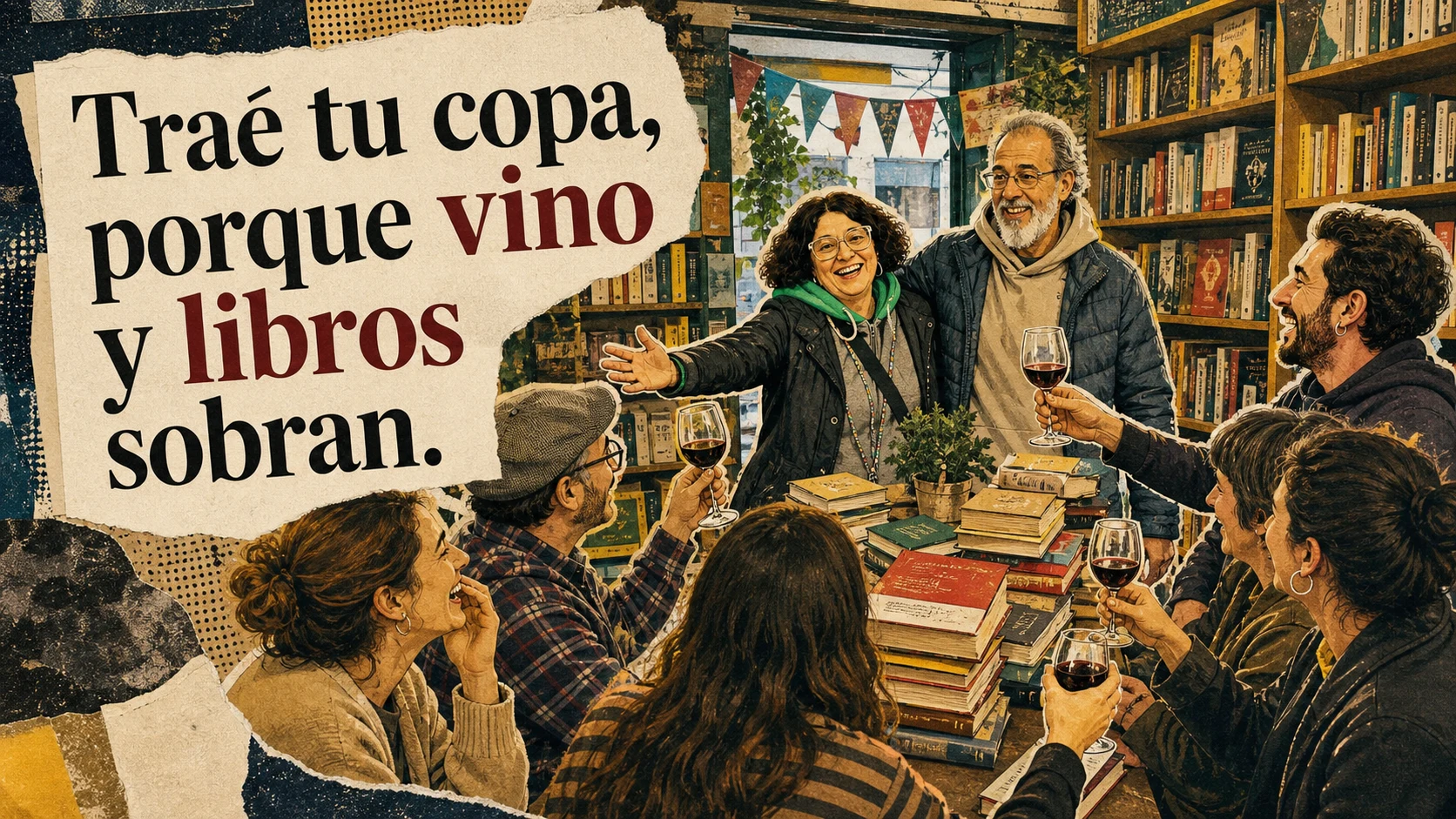 Ilustración humorística de una fiesta librera con copas de vino y mesas llenas de libros