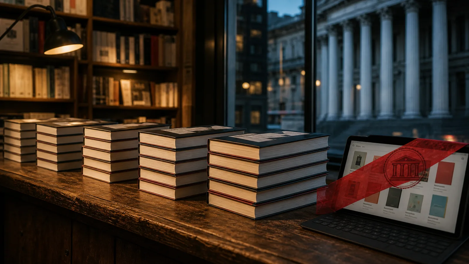 Pilas repetidas de libros sobre un mostrador de librería, con una plataforma digital intervenida por un sello rojo y columnas institucionales al fondo