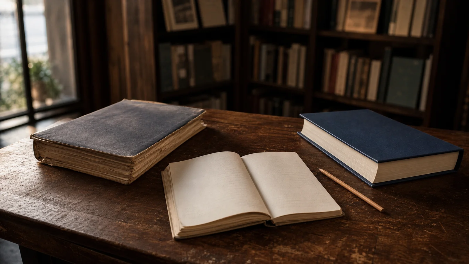 Dos libros cerrados quedan enfrentados a ambos lados de un cuaderno abierto y todavía en blanco